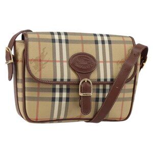 Authentic Burberrys Nova Check Shoulder Bag PVC Beige Gold